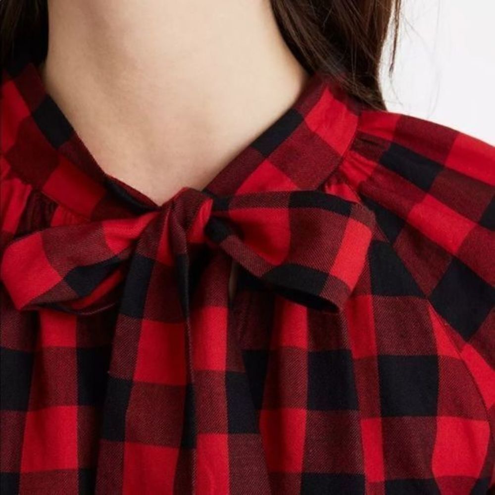 Madewell Ragland Tie-Neck‎ Long Sleeve  Buffalo Check Top - Picture 2 of 6